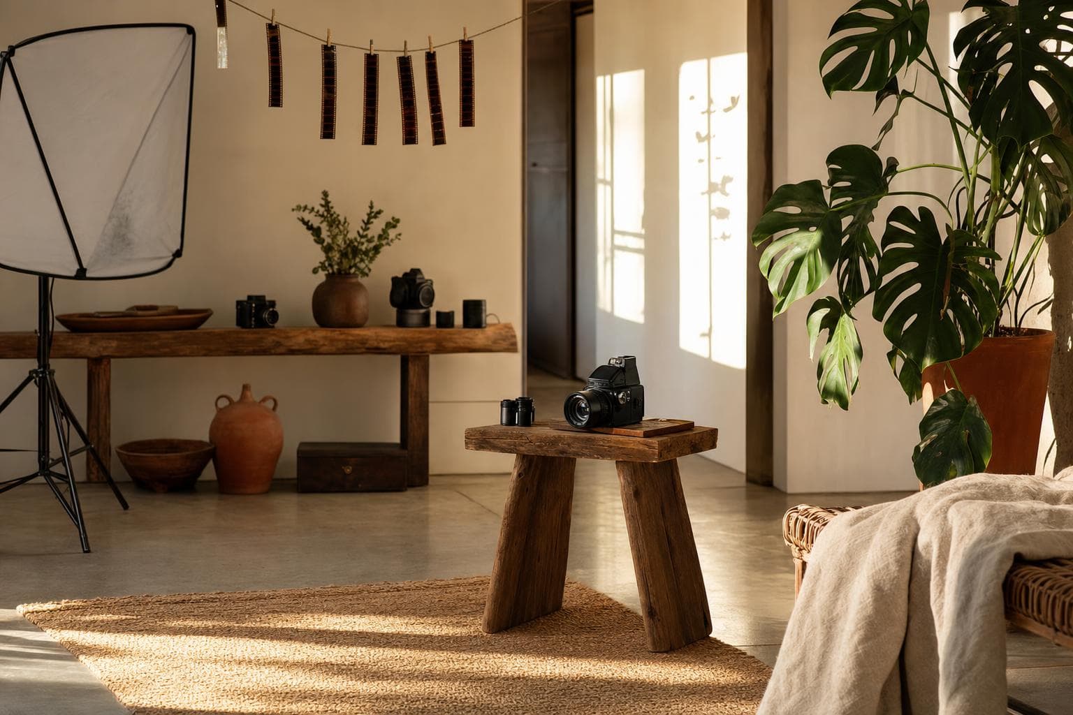 A photographer's studio corner in afternoon light: a medium-format camera on raw timber, film negatives drying on a line, terracotta and linen.
