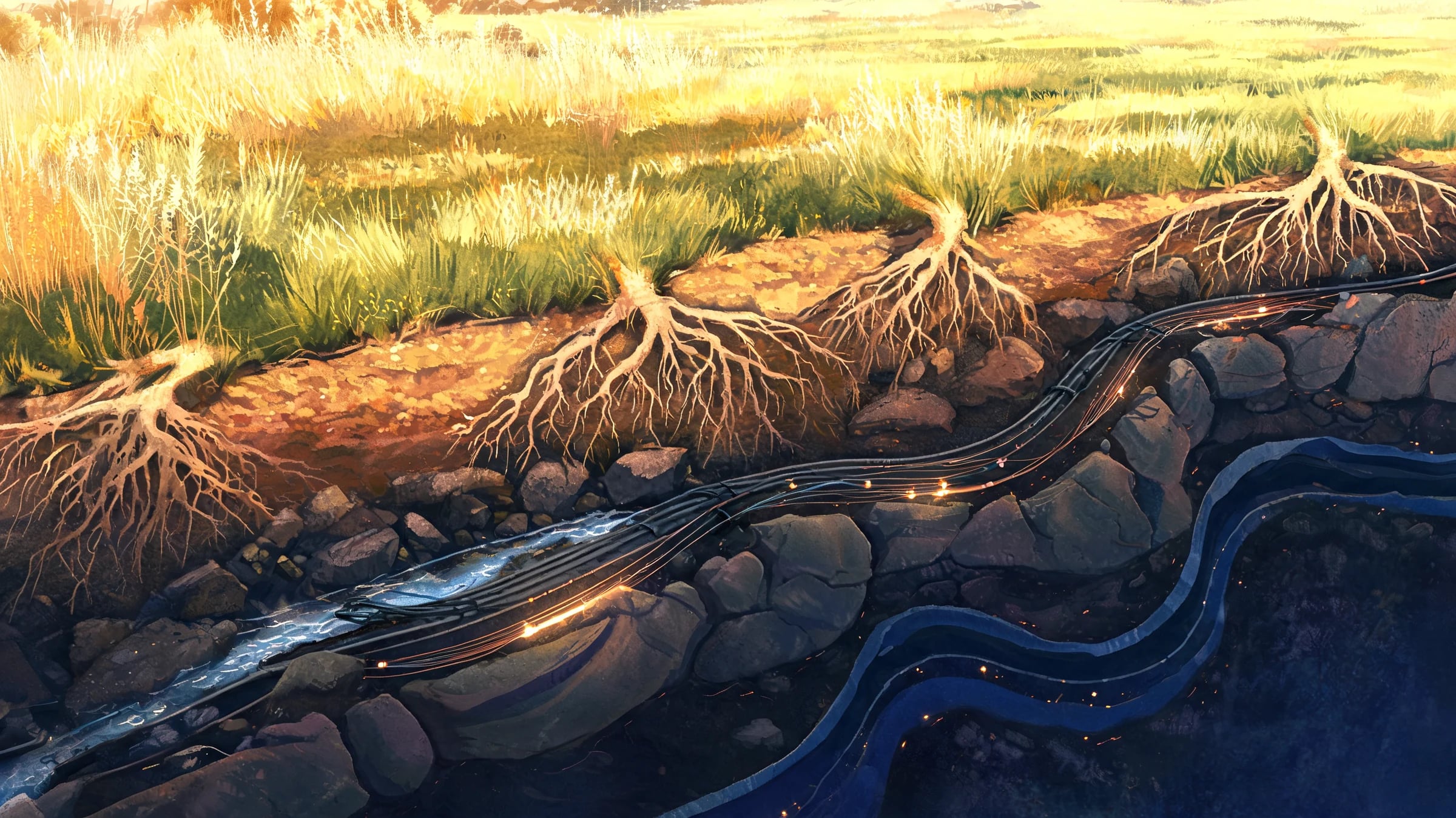 An imagined watercolour cutaway of roots, water and mineral layers.