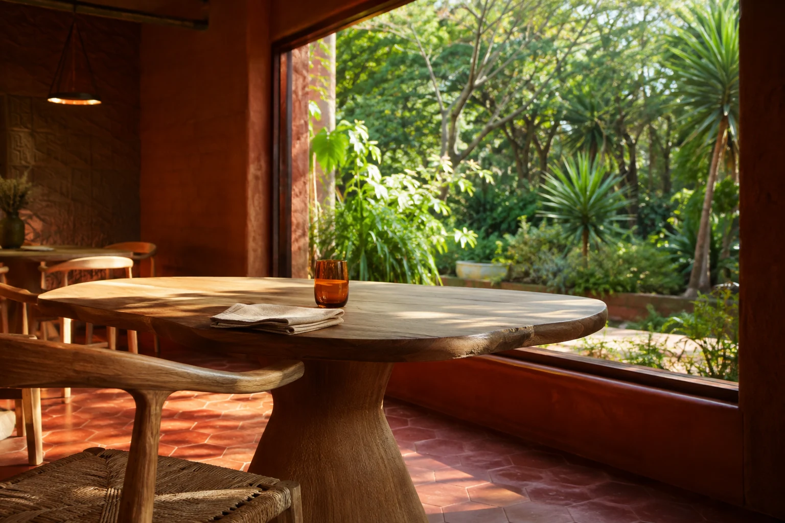 An imagined hospitality venue with timber tables and a green garden.
