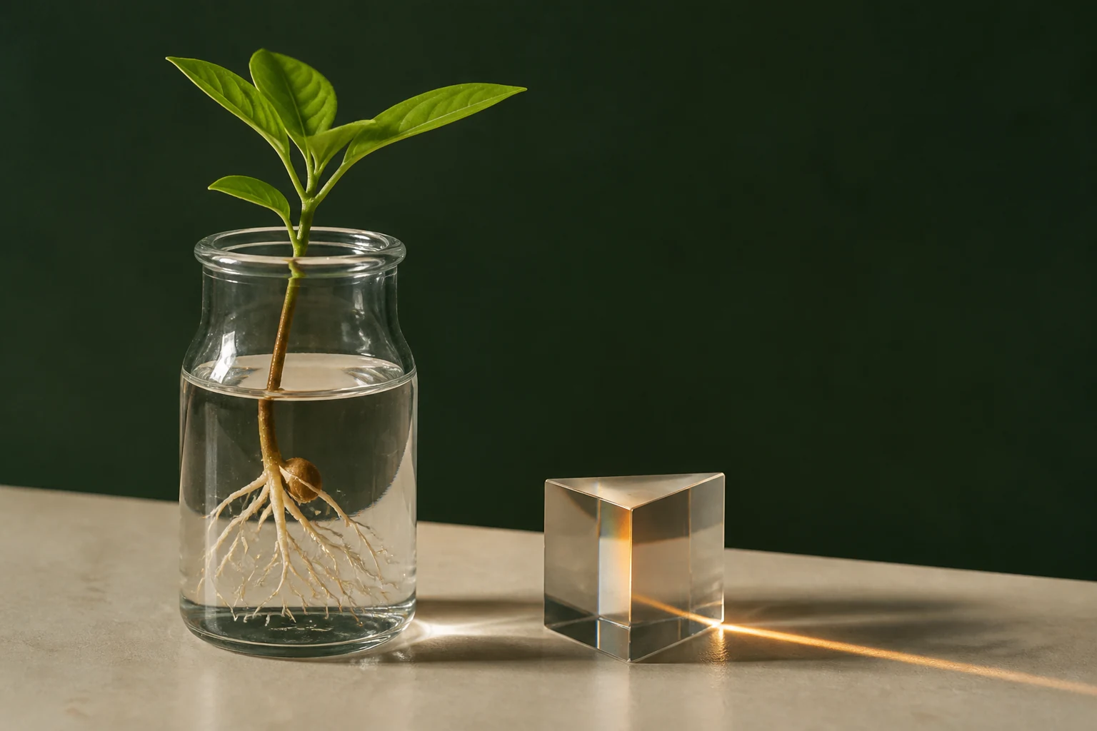 An imagined rooted plant in a glass vessel beside a prism.