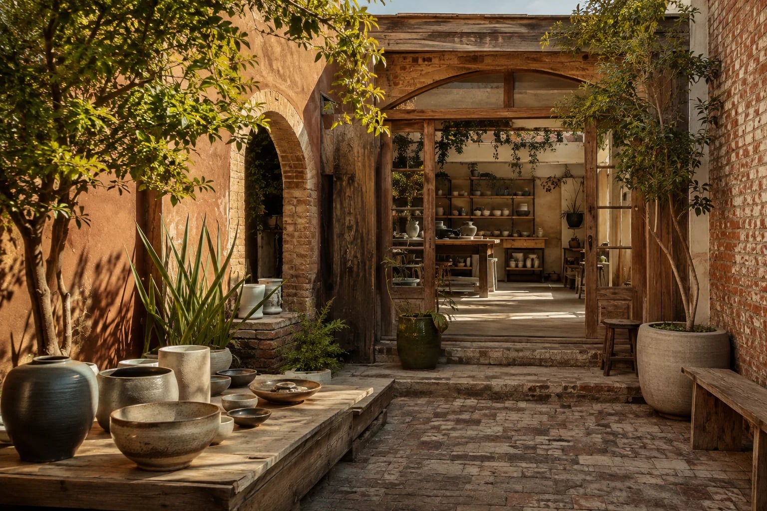 An imagined makers’ courtyard, with ceramics and a sunlit workshop.